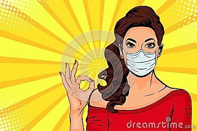 Pop art woman in protective face mask. Protection against viruses of coronavirus, bacteria, smog, COVID-19 Vector Illustration